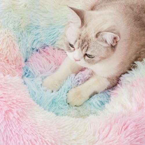 WESTERN HOME WH Calming Dog & Cat Bed, Anti-Anxiety Donut Cuddler Warming Cozy Soft Round Bed, Fluffy Faux Fur Plush Cushion Bed for Small Medium Dogs and Cats (20"/24"/27"/30") - color: Rainbow, size: 20.0"L x 20.0"W x 6.0"Th