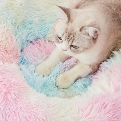 WESTERN HOME WH Calming Dog & Cat Bed, Anti-Anxiety Donut Cuddler Warming Cozy Soft Round Bed, Fluffy Faux Fur Plush Cushion Bed for Small Medium Dogs and Cats (20"/24"/27"/30") - color: Rainbow, size: 20.0"L x 20.0"W x 6.0"Th