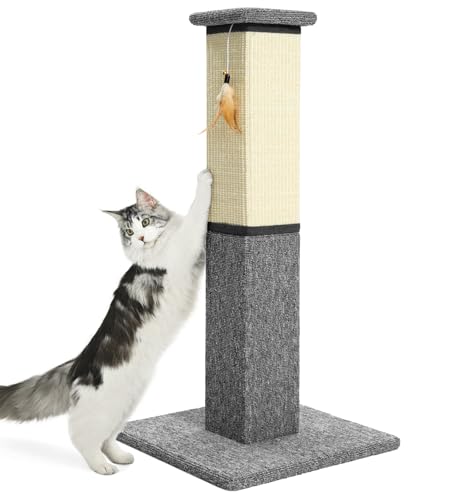 Made4Pets Cat Scratching Post, 32 Inch Natural Sisal & Carpet Covered Cat Scratcher with Kitten Toy, Dual-Material Tall Scratching Post for Indoor Cats Adults and Kittens, Beige - color: Grey-Sisal & Carpet