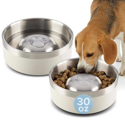 Set of 2 Stainless Steel Slow Feeder Dog Bowls - 30oz/3.75 Cups Double Wall Insulated Food and Water Bowls for Dogs - Non Slip Metal Pet Dishes for Small-Medium Sized Pets PETMAKER (Cream) - size: 30oz