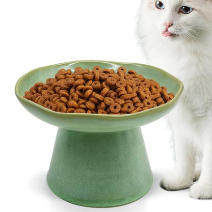 VCEPJH Raised Cat Food Bowls Shallow Cat Plate Ceramic Elevated Cats Dish 6.1in Flat Anti Whisker Fatigue Wide Pet Food & Water Feeder for Indoor Kitty Kitten (Green) - color: green
