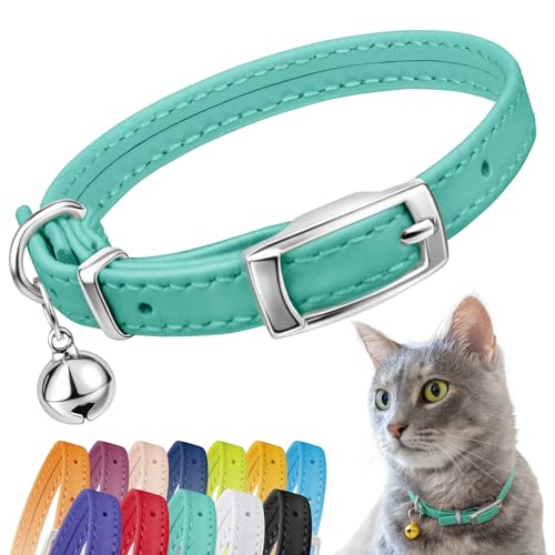 CollarDirect Leather Cat Collar with Removable Bell – Safety Elastic Strap (Breakaway Alternative) – Kitten Collar for Small & Big Boy & Girl Cats - color: Mint Green, size: Neck Fit 6"-7"