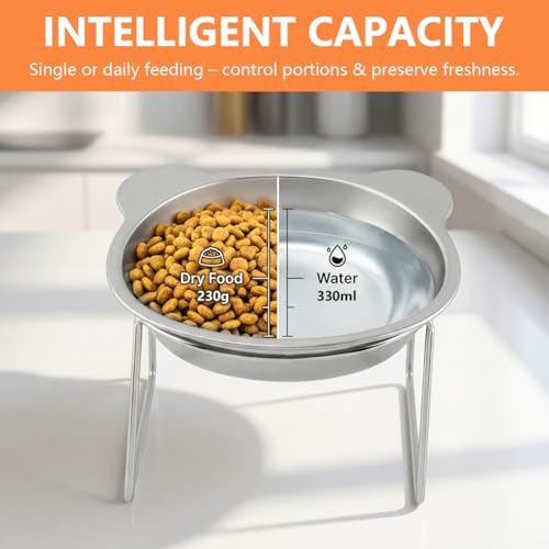 2 Pack Elevated Cat Bowls, 15° Tilted Stainless Steel Raised Cat Dishes for Food and Water, Whisker-Friendly Design with Non Slip Base and Scoop for Small Cats and Dogs