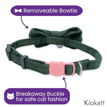 Velvet Bowtie Cat Collar with Bell – Adjustable Breakaway Green Cat Collar for Adult Cats (7–11 in) - color: Green