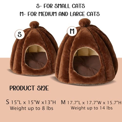 Cat Bed for Indoor Cats - Adorable Cozy Pumpkin Cat Cave with Removable Cushion, Super Soft Pet House Tent for Kittens & Small Pets, Warm & Washable Non-Slip Design(S 15 inch Brown) - style: Brown