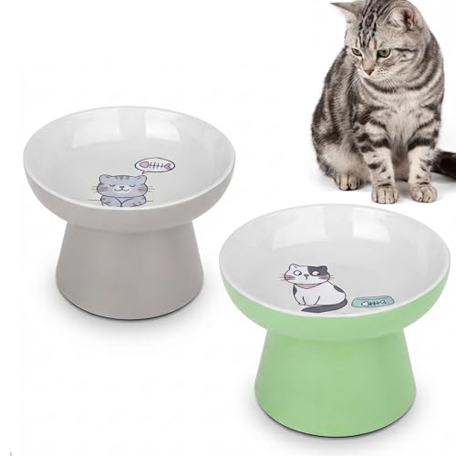 Elevated Cat Bowls,2 Pcs Ceramic Raised Cat Food Bowls with Non-Slip Base,Whisker-Friendly Shallow Design,Lead & Cadmium Free Pet Feeder,Dishwasher and Microwave Safe (Green&Light-Grey) - color: Green&Light-Gray