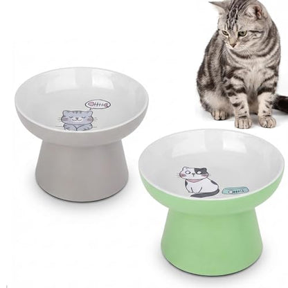 Elevated Cat Bowls,2 Pcs Ceramic Raised Cat Food Bowls with Non-Slip Base,Whisker-Friendly Shallow Design,Lead & Cadmium Free Pet Feeder,Dishwasher and Microwave Safe (Green&Light-Grey) - color: Green&Light-Gray