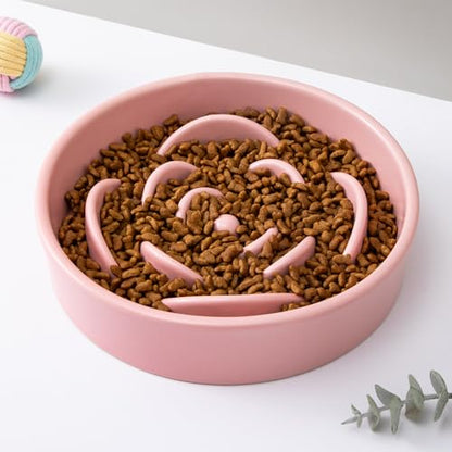 8.25'' Ceramic Slow Feeder Dog Bowls - Petal Shape Modern Dog Food Dish for Medium and Large Breeds, Puzzle Maze Bowl to Slow Down Eating, Anti-Gulping, Dishwasher & Microwave Safe, Pink - color: Pink, size: 8.25 inch