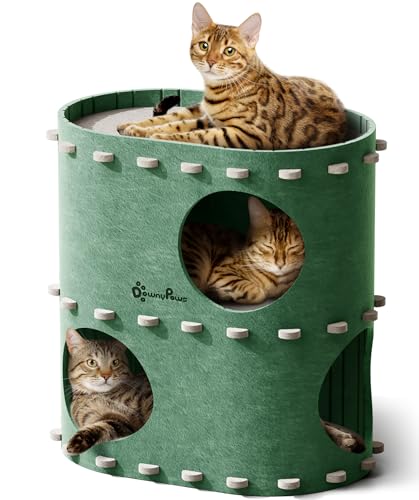 DownyPaws Cat House for Indoor Cats, 2-Storey Foldable Cat Bed Cave, Felt Cats Tunnel Bed Condo, Castle Kitten Cube Hideaway for Multicats, Scratch Resistant, Forest - color: Forest, size: Double