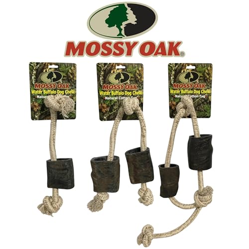 QT Dog Mossy Oak: Water Buffalo Horn & Tug Dog Chew - 34" Slip-Knot Natural Cotton Rope, Pet Toy, No Preservatives, Horn, Long-Lasting, Combines Play-Chewing - style: 34"