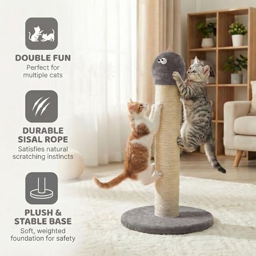 Cat Scratching Post 22'', Scratching Post with Extra Wide 12" Heavy Duty Base for Indoor Kitty, Scratching Post with Natural Sisal & Velvet Fabric for Small, Medium Cat, Grey - color: Grey