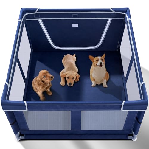 Puppy Playpen Indoor for Dog Small Pets, Dog Playpen 42x42 x25 inch, Dog Play Pen Indoors with Gate, Oxford Fabric Pet Exercise pens for Puppy, Anti-Tipping Dog Enclosure with Zipper Door - color: Royal Blue, style: 42 Inch w/o top