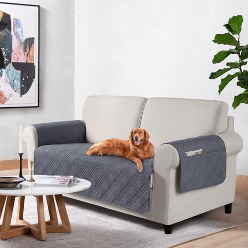 TAOCOCO Waterproof Loveseat Covers for Pets Dogs with Non Slip Backing, Sofa Seat Covers with Pocket for 2 Cushion Couch Washable Dog Couch Cover Protector Sofa Slipcovers(Loveseat Plus, Dark Grey) - color: Dark Grey, size: Loveseat Plus(Seat Width: 54'')