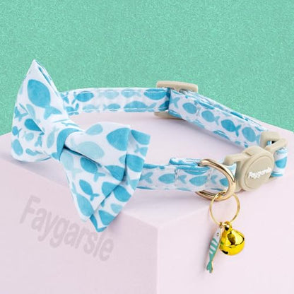 Faygarsle 2 Pack Fish Pattern Cat Collar Set with Bow Tie and Bandana, Light Blue and White, Breakaway Safety Collar with Bell - color: Blue Fish
