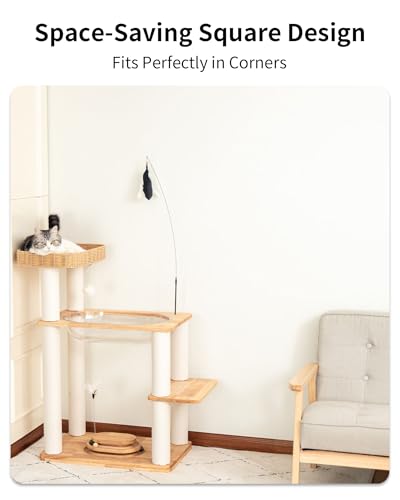 Wood Cat Tree for Large Cats, Modern Cat Tree Tower with Wide Shelves Cotton Scratching Posts, Super Sturdy Base, Cozy Perches, and Interactive Toys for Indoor Kittens - color: s975