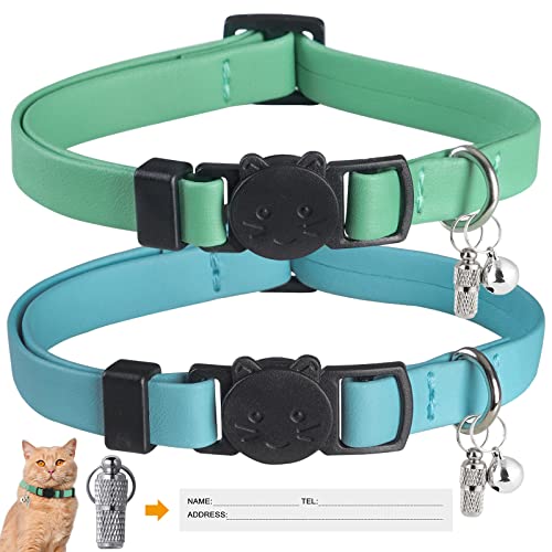 WROSWT Upgrade Breakaway Cat Collar with Bells, Soft Leather Kitten Collars with Name Tag,Safety Adjustable Buckle,Lightweight,Ideal for Girl Boy Cats,Puppies,2 Pack (Green+Blue) - color: Green + Blue