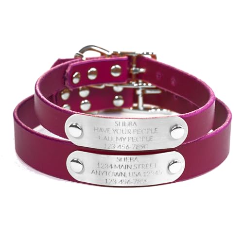 Handmade Personalized Bridle Leather Dog Collar, Engraved Stainless Steel Nameplate (Magenta) - color: Magenta