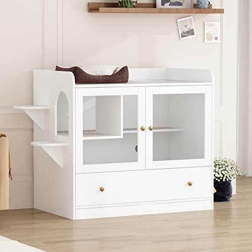 Extra Large Cat Litter Box Enclosure Furniture Hidden, Cat Condo Cabinet Pet House with Stairs for 2, Nightstand Side Table with a Drawer for Living Room, White - color: White
