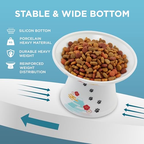 Necoichi Elevated Cat Food Bowl, Ceramic (Porcelain), Whisker-Friendly, Dishwasher & Microwave Safe, Non-Slip Silicone Base, Anti-Vomiting & Neck Fatigue (Fuji, Extra Wide, 2-Cups Capacity). - color: Fuji, size: Large Extra Wide Flat (2 Cups)