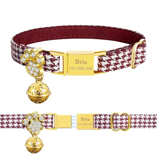 Personalized Breakaway Cat Collars - Magnetic Buckle, Bell - Safety Quick Release, Customized for Girls & Boys Cats- (Houndstooth-Burgundy) - color: Houndstooth-Burgundy