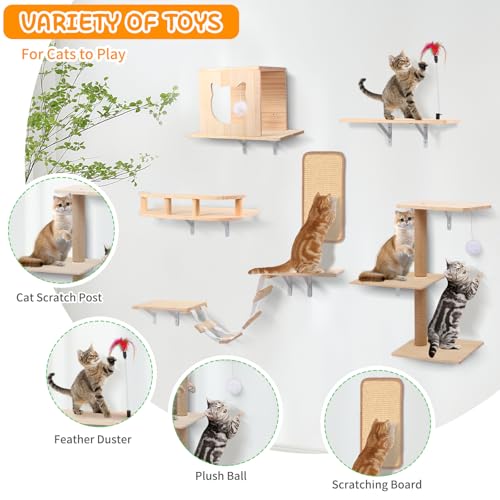 Cat Wall Shelves, Solid Wooden Wall-Mounted Cat Furniture, Set of 6 Cat Climbing Shelves with House, Bed, Bridge, Tree, Steps and Scratcher - color: Solid Wood