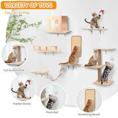 Cat Wall Shelves, Solid Wooden Wall-Mounted Cat Furniture, Set of 6 Cat Climbing Shelves with House, Bed, Bridge, Tree, Steps and Scratcher - color: Solid Wood