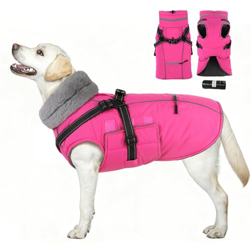 Dog Coat Large, Built-in Harness Dog Jacket with Warm Fleece Lining, Waterproof Reflective Dogs Winter Coat, Pet Coats with Pocket and Trash Bags (Pink, XXX-Large) - color: Pink, size: XXX-Large