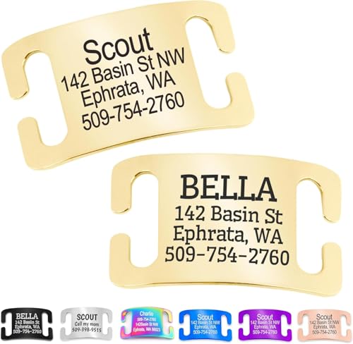 GoTags Slide-On Pet ID Tag, Curved Personalized Dog and Cat, Silent, No Noise Stainless Steel, Custom Engraved in 4 Sizes for Large and Small Pets, Gold - color: Gold