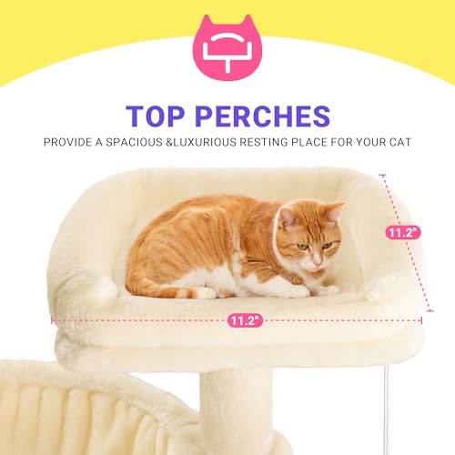 Allewie 29.5in Indoor Cat Tree, Multi-Level Cat Tower with Sisal Scratching Posts, Padded Perch, Basket, Condo, and Hanging Ball, Suitable for Kittens and Adult Felines,Beige - color: Beige