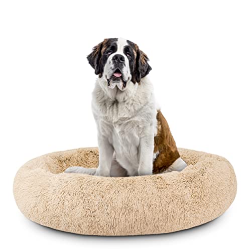 The Dog’s Bed Calming Donut Dog Bed, Plush Faux Fur Round Cuddler Nest – CertiPUR-Certified Foam, Removable Washable Zip Cover – XXL (54"), Beige - color: Beige Fur, size: Xxl (54")
