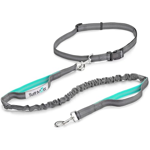 Tuff Mutt Hands-Free Waist Leash for Dog Walking, Running and Hiking, Adjustable Belt with Double Handle, Reflective Bungee Design for Large & Medium Dogs - color: gray/teal