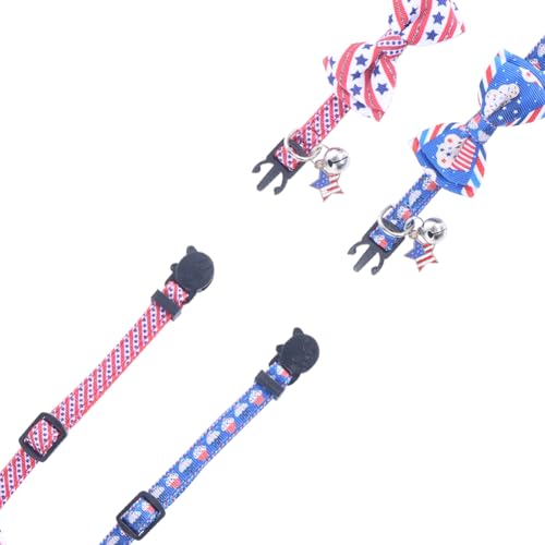American Flag Cat Collar with Bell Bow Tie Star Breakaway Adjustable for 4th of July Independence Day - color: 2PCS-3