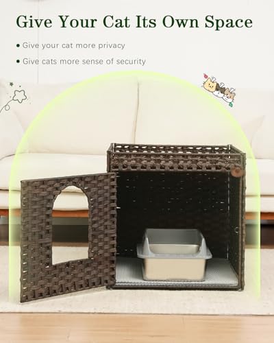 SETVSON Cat Litter Box Enclosure Furniture, Large Hidden Litter Box Furniture, Handwoven Rattan Cat House Cabinet, One Mat, Two S-Shaped Hooks, Living Room, Apartment 21.6 X 26 X 21.6 Inches, Brown - color: Brown, size: XL