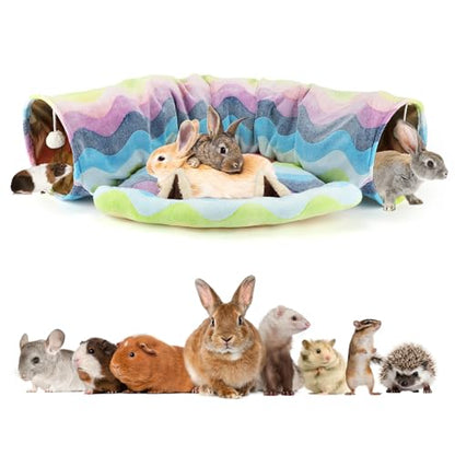 BWOGUE Bunny Tunnel Bed, 2-in-1 Collapsible Tunnel Tubes Toys with Removable Mat Hideout for Cats Kittens Rabbits Guinea Pigs Kitty - color: Rainbow