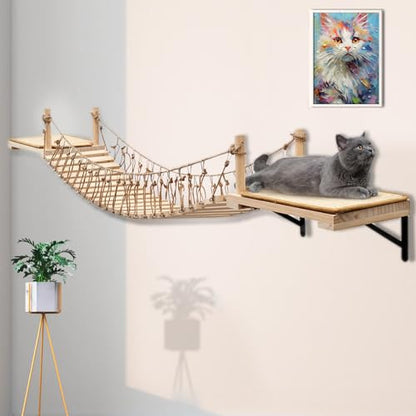 A.FATI Wall-Mounted Cat Roped Bridge Long for Indoor Cats, Cat Wall Shelves for Sleeping, Playing, Climbing, Wooden Cats Bed and Perches with Sisal Scratch Mat