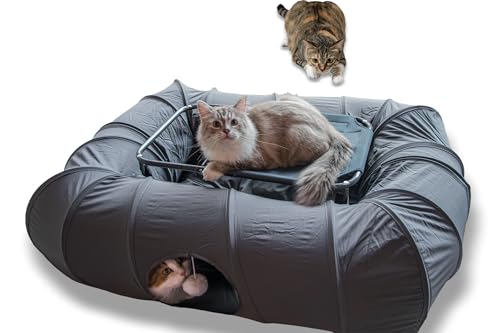 XxingSheep 2-Tier Cat Tunnel & Hammock Bed XXL, 4 Cave Shuttle with Elevated for Multiple Cats Toy Dark Grey - color: Dark Gray, size: Extra Extra Large
