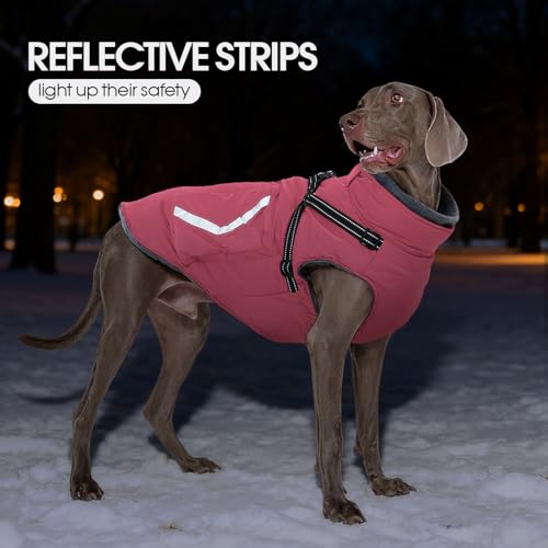 FUAMEY Dog Winter Coat Waterproof, Warm Fleece Lined Jacket for Dogs, Extra Large Goggie Vest with Harness Built in, Pet Cold Weather Coats Doggy Outfits Back Zipper, Weimaraner (Pink, 2XL) - color: Soft Pink, size: XX-Large