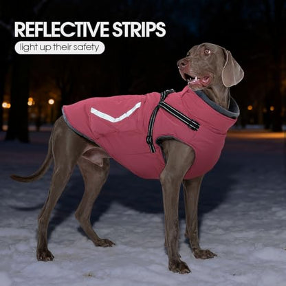 FUAMEY Dog Winter Coat Waterproof, Warm Fleece Lined Jacket for Dogs, Extra Large Goggie Vest with Harness Built in, Pet Cold Weather Coats Doggy Outfits Back Zipper, Weimaraner (Pink, 2XL) - color: Soft Pink, size: XX-Large