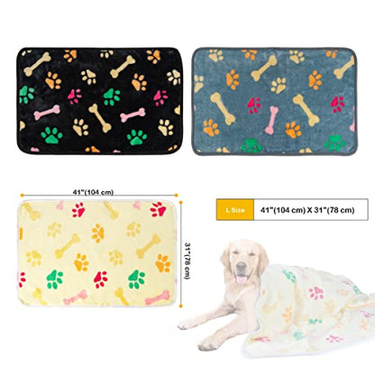 Dono 1 Pack 3 Dog Blankets, Soft Fluffy Fleece Pet Blanket Warm Sleep Mat Paw Print Design Puppy Kitten Throw Blankets Doggy Blanket for Dogs - color: Black/Yellow/Gray, size: L(41*31")