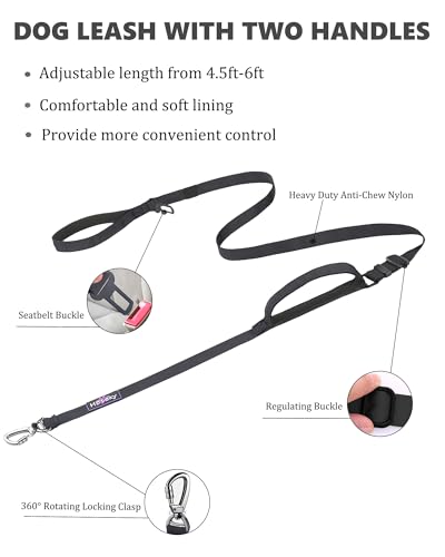 Hotsky Heavy Duty Dog Leash with Two Padded Handles,4.5-6 FT Adjustable Nylon Seatbelt Dog Leash with Traffic Handle and Carabiner for Large Medium and Small Breed Dogs that Pull,Black - color: No Bungee(4.5-6FT,All),Black, size: Standard