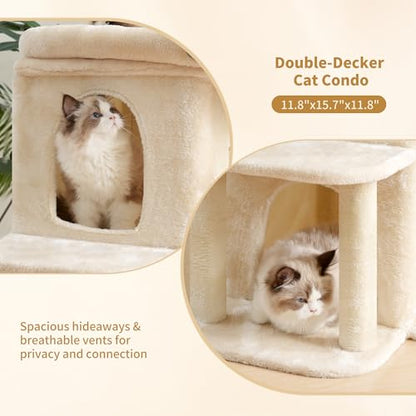 Heybly Cat Tree, 25.6-inch Cat Tower with Spacious Top Perch for Large Cats, Stair-Style Cat House Furniture with Dual-Layer Condos, Sisal Scratching Posts, Cozy Basket & Pompom, Beige HCT204SM - color: Beige, size: 25.6 inch