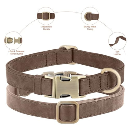 Genuine Leather Dog Collar - Adjustable Pet Collar with Quick Release Metal Buckle, Soft Skin Friendly Real Leather Collar for Small, Medium, Large Dogs (Dark Brown Collar + Rope, L：Fit 15-23" Neck) - color: Dark Brown Collar + Rope, size: L：Fit 15-23" Ne