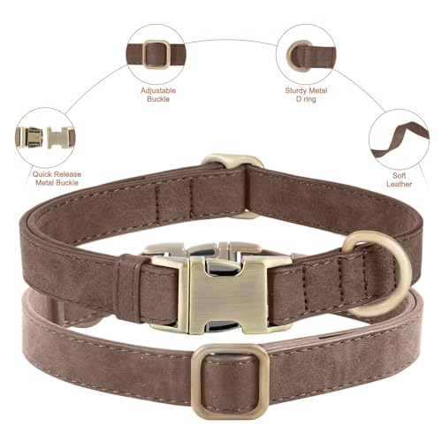 Genuine Leather Dog Collar - Adjustable Pet Collar with Quick Release Metal Buckle, Soft Skin Friendly Real Leather Collar for Small, Medium, Large Dogs (Dark Brown Collar + Rope, M：Fit 12-20" Neck) - color: Dark Brown Collar + Rope, size: M：Fit 12-20" Ne