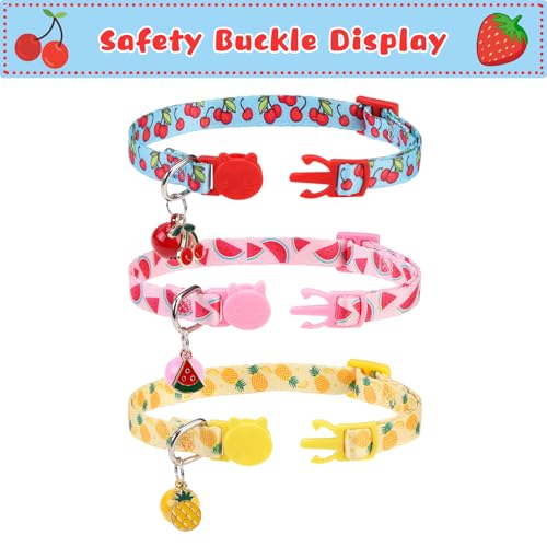 Breakaway Cat Collars with Bell & Cute Pendants, 3 Pack Safety Buckle Kitten Collars, Adjustable Pet Collar Ideal for Girl Boy Cats Puppy (Style A - New Fruit) - color: Style A - New Fruit