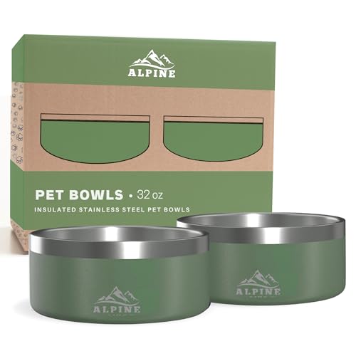 ALPINE Set of 2 Stainless Steel Dog Bowls, Non Slip, Metal Pet Bowl for Food and Water, Double Walled Insulated, Rustproof, Dishwasher Safe (32 oz, Hunter Green) - color: Hunter Green, size: 32 oz
