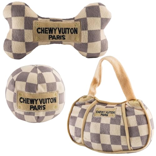 Haute Diggity Dog Chewy Vuiton Bone Ball & Handbag Plush Squeaky Dog Toys, Soft Durable Designer-Inspired Stuffed Puppy Chew Toys for Small & Medium Dogs, Machine-Washable (Tan Checker) One Size 3 Pcs - color: Checker Chewy Brown Trio, size: One Size