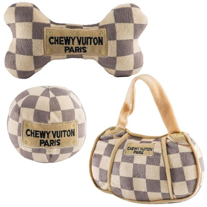 Haute Diggity Dog Chewy Vuiton Bone Ball & Handbag Plush Squeaky Dog Toys, Soft Durable Designer-Inspired Stuffed Puppy Chew Toys for Small & Medium Dogs, Machine-Washable (Tan Checker) One Size 3 Pcs - color: Checker Chewy Brown Trio, size: One Size