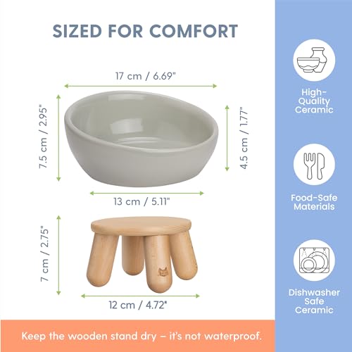 The Cat Ladies Tilted Ceramic Cat Bowl - Elevated Food Bowls Ceramic Pet Bowl - Raised Ceramics Bowls - Elevated & Tilted Design for Comfortable Eating - Dishwasher Safe - Wide Opening - color: Light Grey