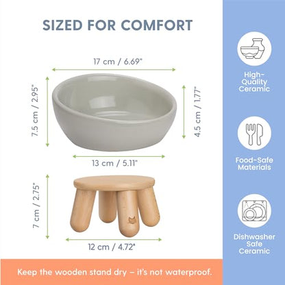 The Cat Ladies Tilted Ceramic Cat Bowl - Elevated Food Bowls Ceramic Pet Bowl - Raised Ceramics Bowls - Elevated & Tilted Design for Comfortable Eating - Dishwasher Safe - Wide Opening - color: Light Grey