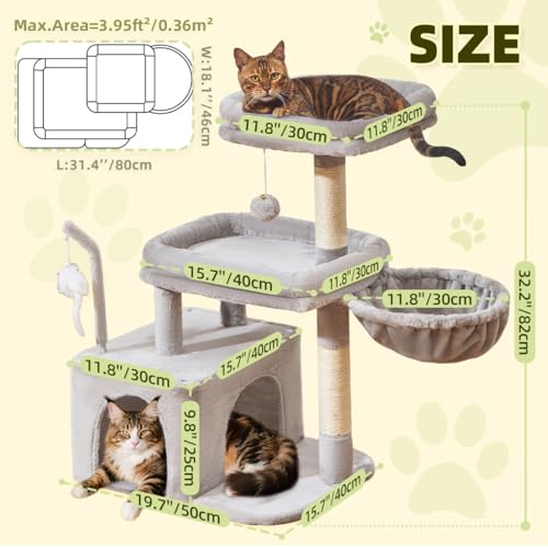 Taoqimiao Cat Tree, 32.2-Inch Cat Tower for Indoors Cats, Cat Condo with Large Cat Perch, Spacious Cat Cave, Scratching Posts for Small and Medium Cats, Light Gray MS043W - color: Light Gray